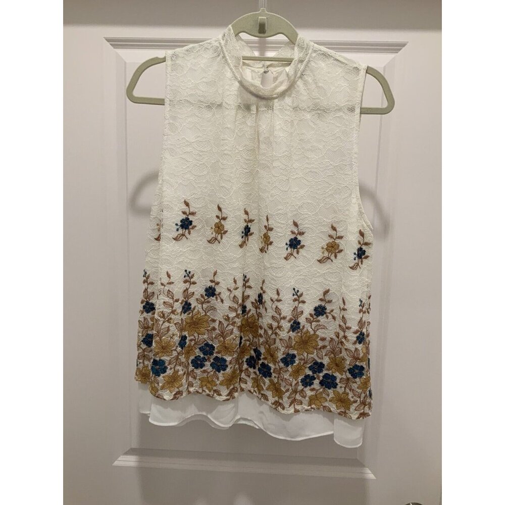 Harlyn Mock Neck Top Large Lace Overlay Embroidered Swing Teal Off White Brown